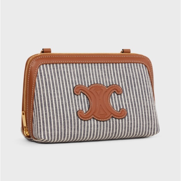 Celine Clutch on Chain Triomphe - Striped Navy Blue Textile & Calfskin Leather - Picture 3 of 6